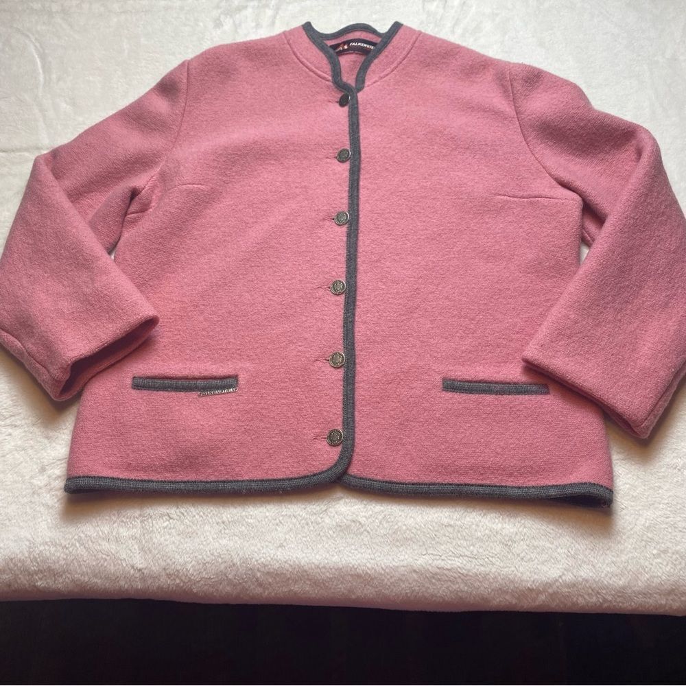 Falkenstein 100% Wool Pink Gray Trim Buttoned Cardigan/Jacket Size 48